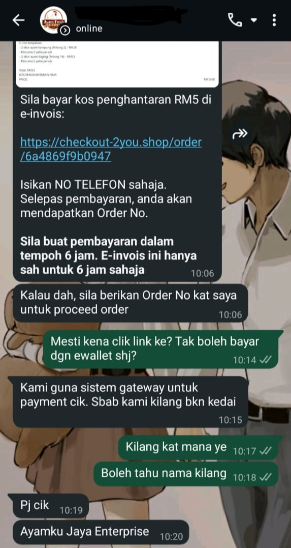 scammer minta bayaran link palsu guna nama ayamku jaya